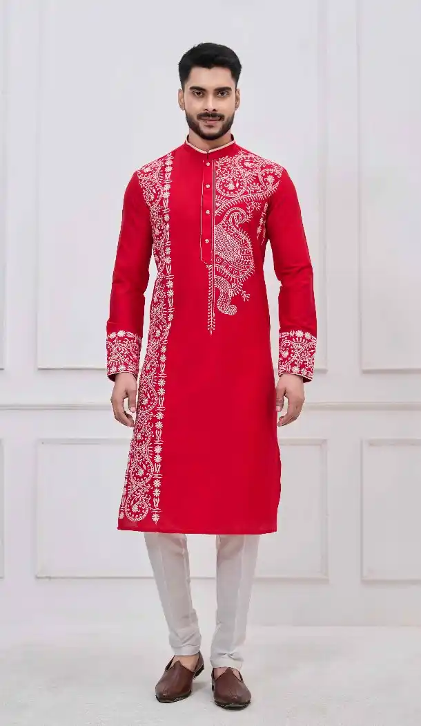 Red Viscose Kurta Pajama with Embroidery – 216953