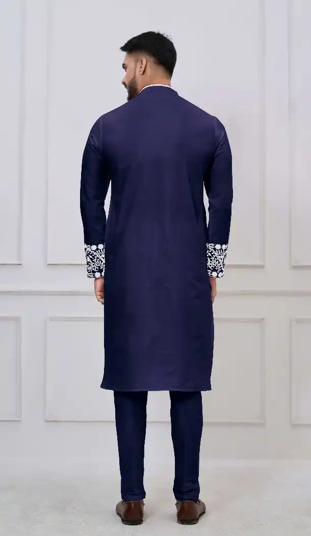 Navy Blue Embroidered Viscose Kurta Pajama – 216954