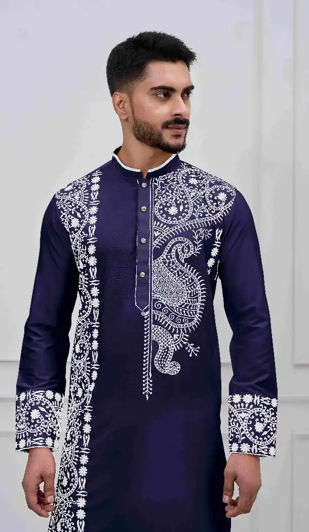 Navy Blue Embroidered Viscose Kurta Pajama – 216954