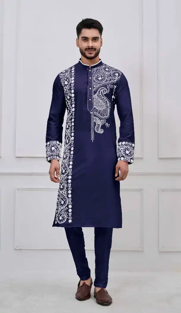 Navy Blue Embroidered Viscose Kurta Pajama – 216954