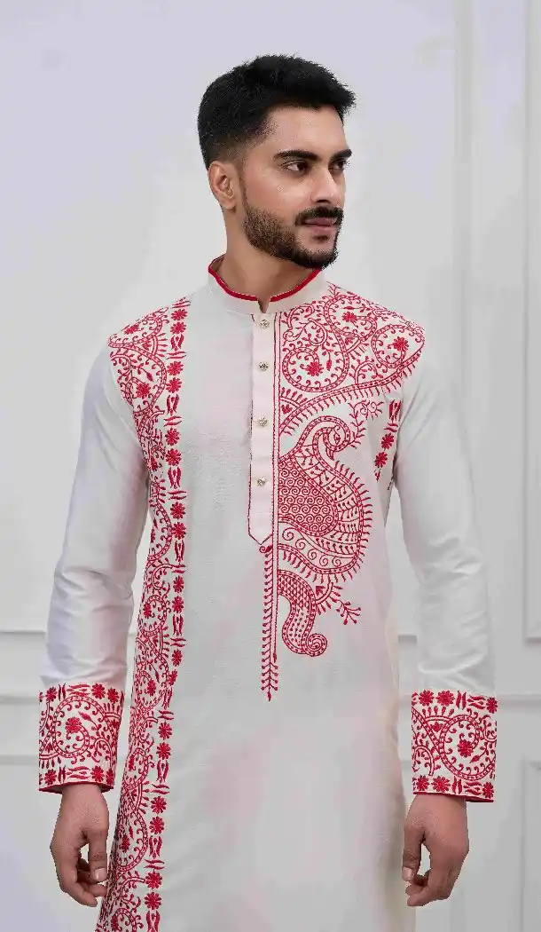 White Kurta Pajama in Viscose with Embroidery – 216955