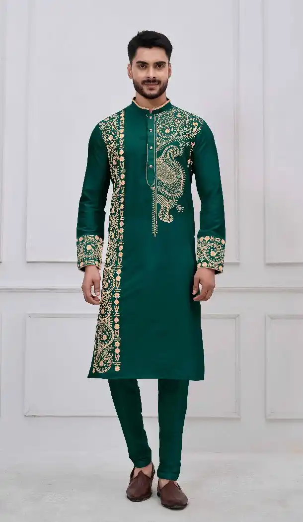 Green Kurta Pajama with Viscose Embroidery – 216957