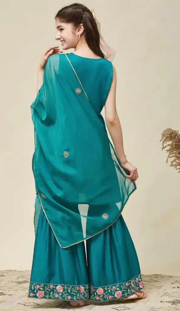 Blue Embroidered Silk Blend Salwar Suit for Girls - 216998