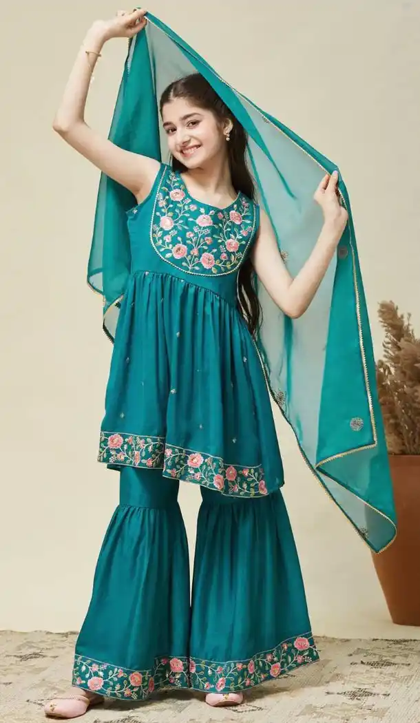 Blue Embroidered Silk Blend Salwar Suit for Girls - 216998