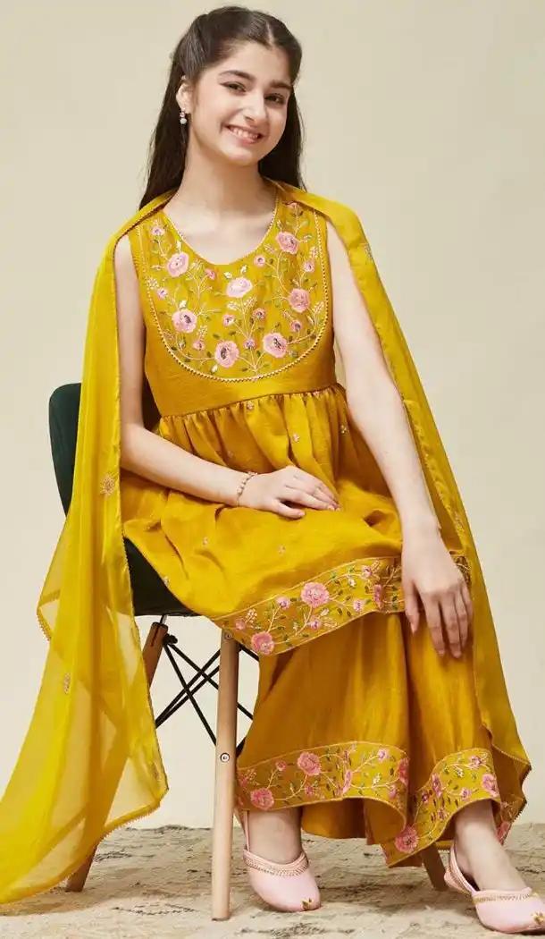 Yellow Designer Silk Blend Salwar Suit for Girls - 217000
