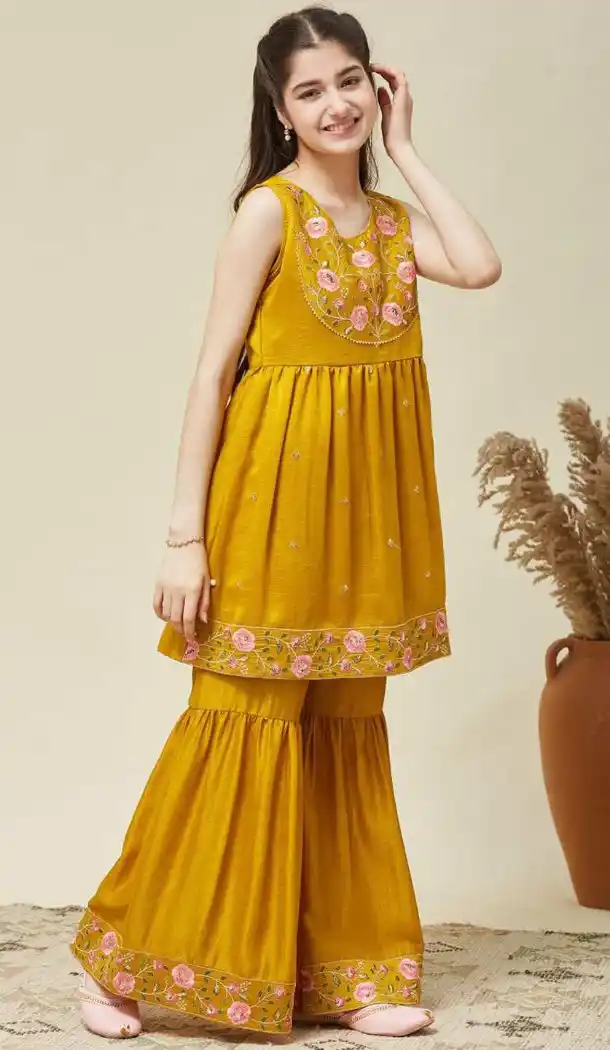 Yellow Designer Silk Blend Salwar Suit for Girls - 217000