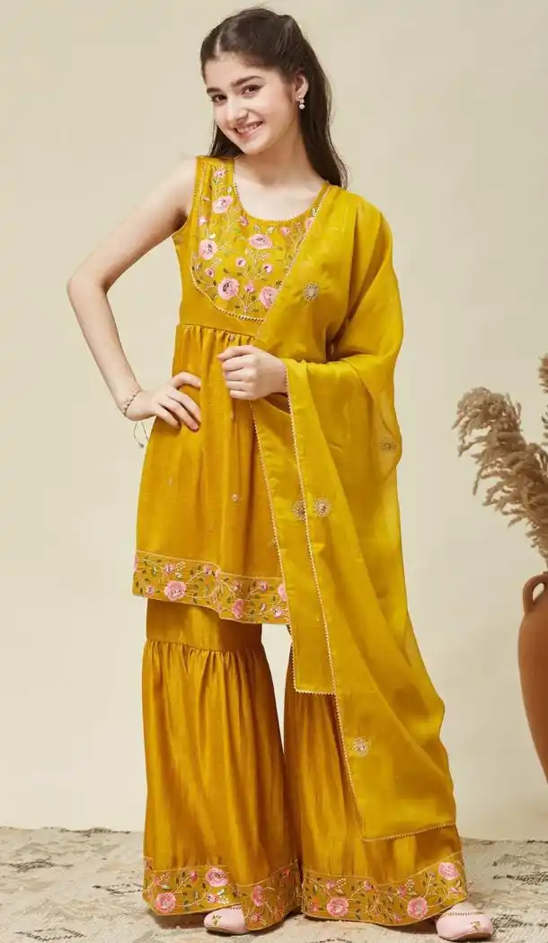 Yellow Designer Silk Blend Salwar Suit for Girls - 217000