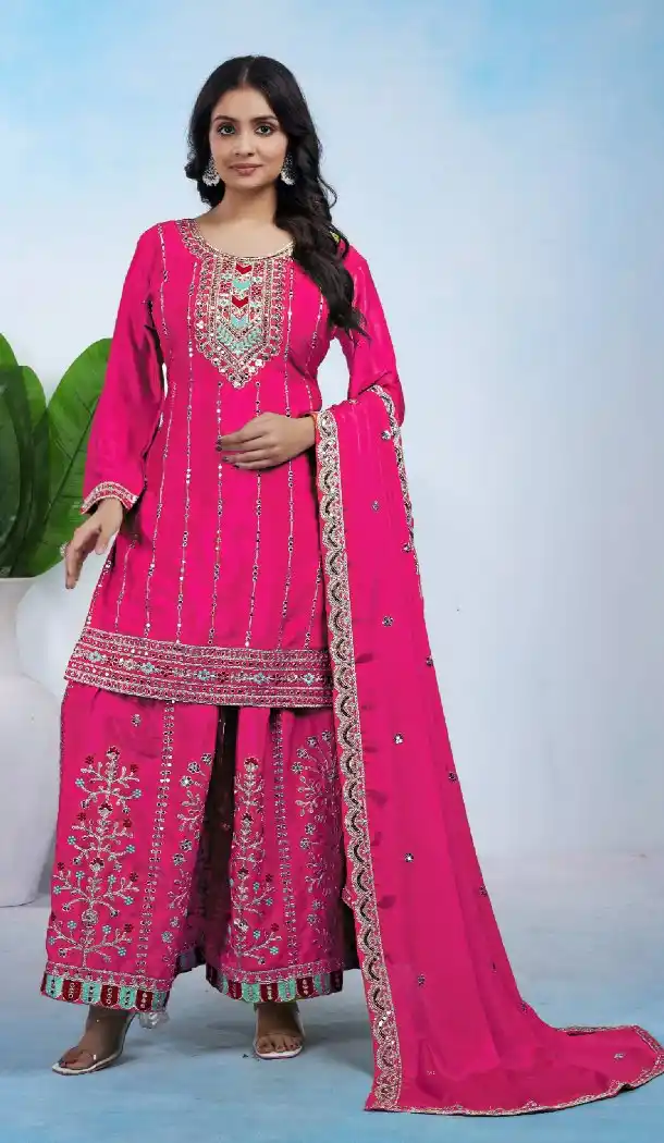 Pink Chinon Palazzo Suit with Embroidery Work for Women - 217146