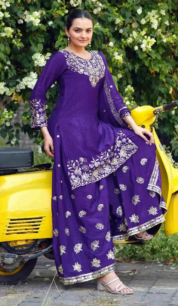 Purple Chinon Palazzo Suit with Sequence Work for Women - 217147