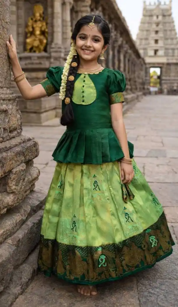 Green Kubera Silk Jacquard Lehenga Choli for Girls - 217281