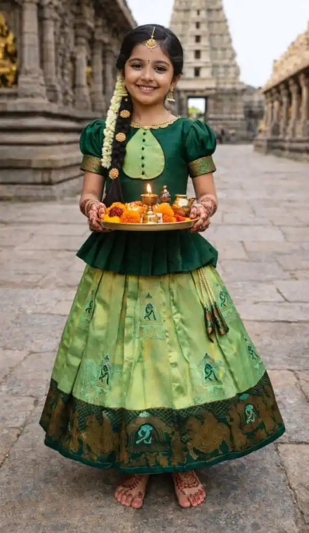 Green Kubera Silk Jacquard Lehenga Choli for Girls - 217281