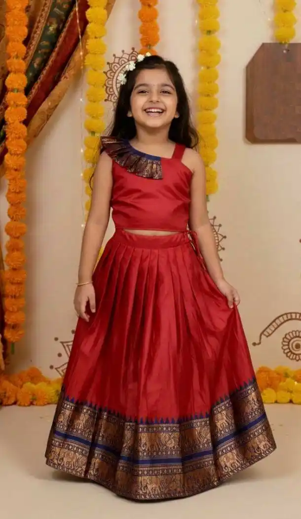 Girls Maroon Lichi Silk Lehenga Choli with Designer Work - 217282