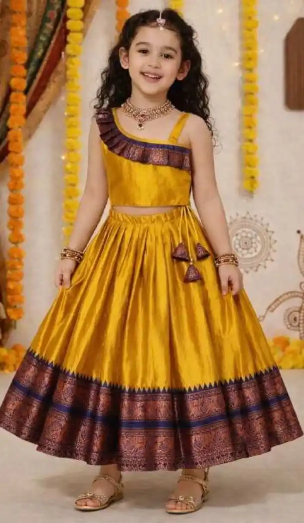 Yellow Lichi Silk Lehenga Choli for Girls with Jacquard Work - 217283
