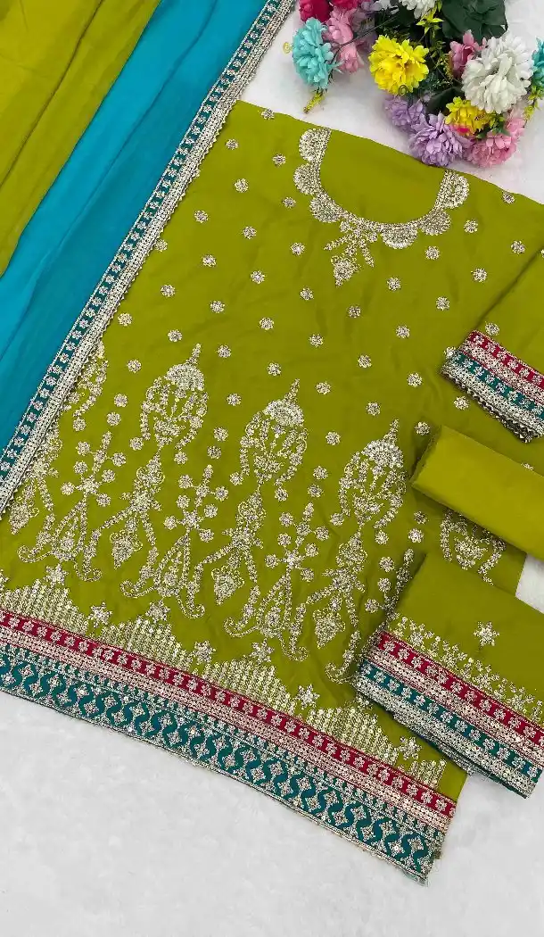 Green Chinon Party Wear Salwar Suit for Women - 217239