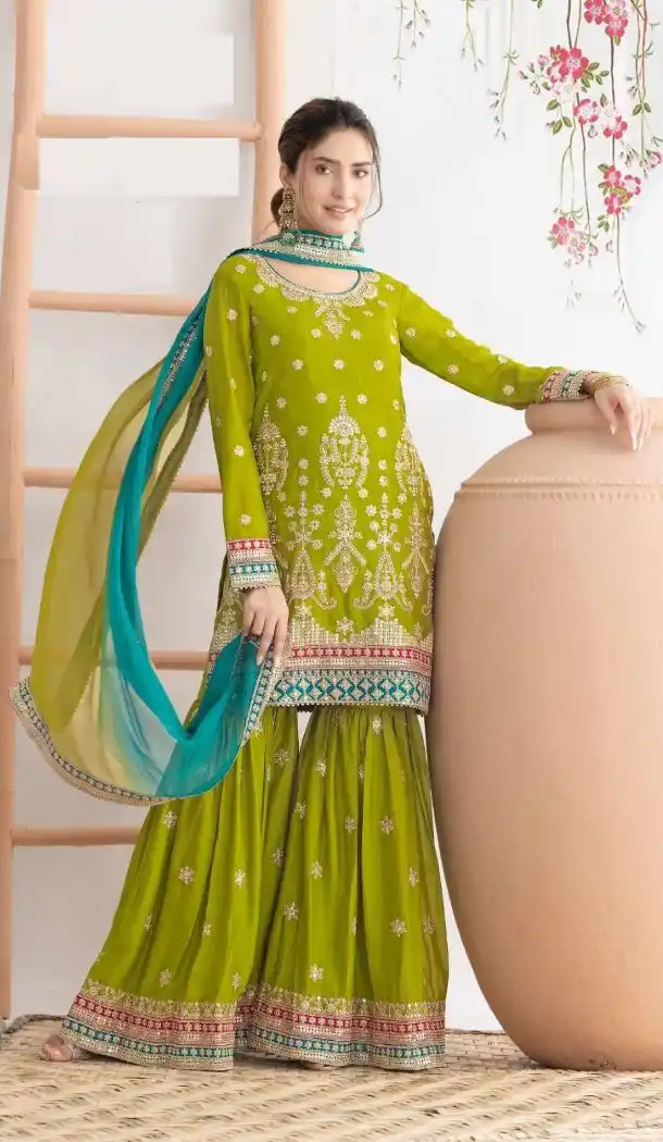 Green Chinon Party Wear Salwar Suit for Women - 217239