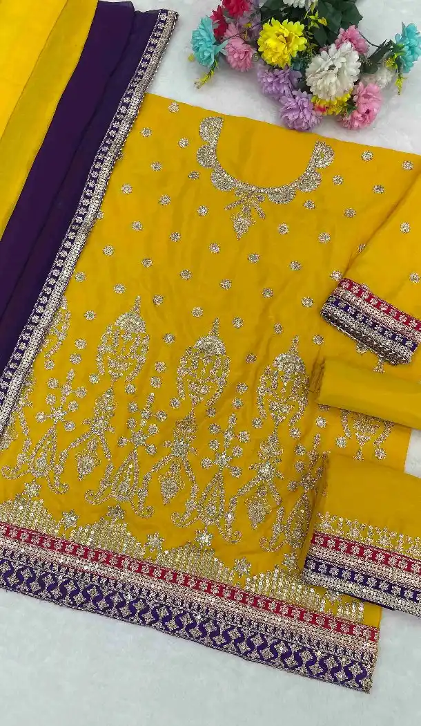 Yellow Chinon Salwar Suit for Women - 217240