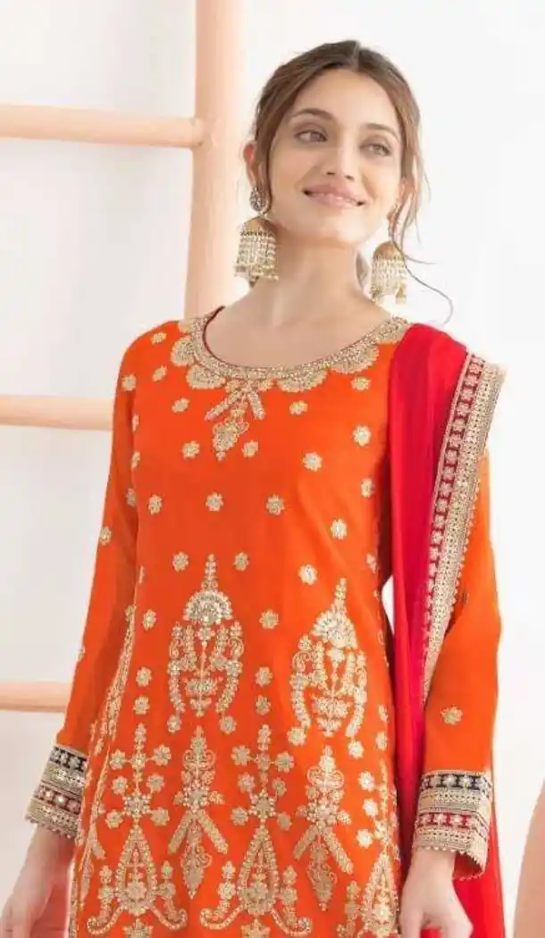 Women Orange Party Wear Chinon Salwar Suit - 217241