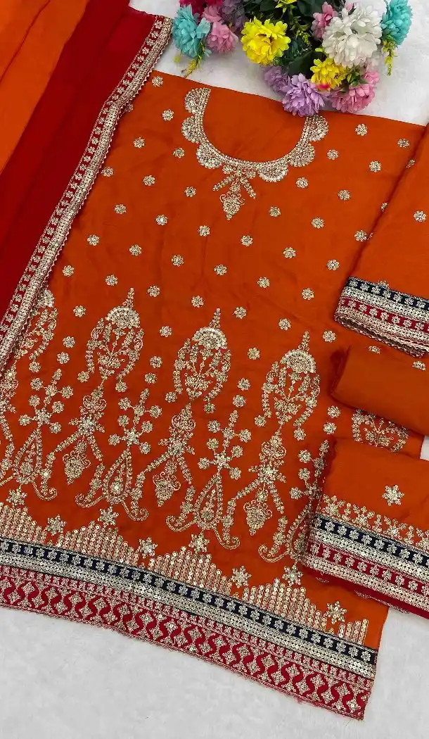 Women Orange Party Wear Chinon Salwar Suit - 217241