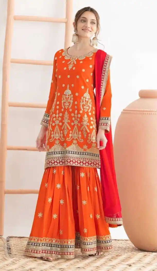 Women Orange Party Wear Chinon Salwar Suit - 217241
