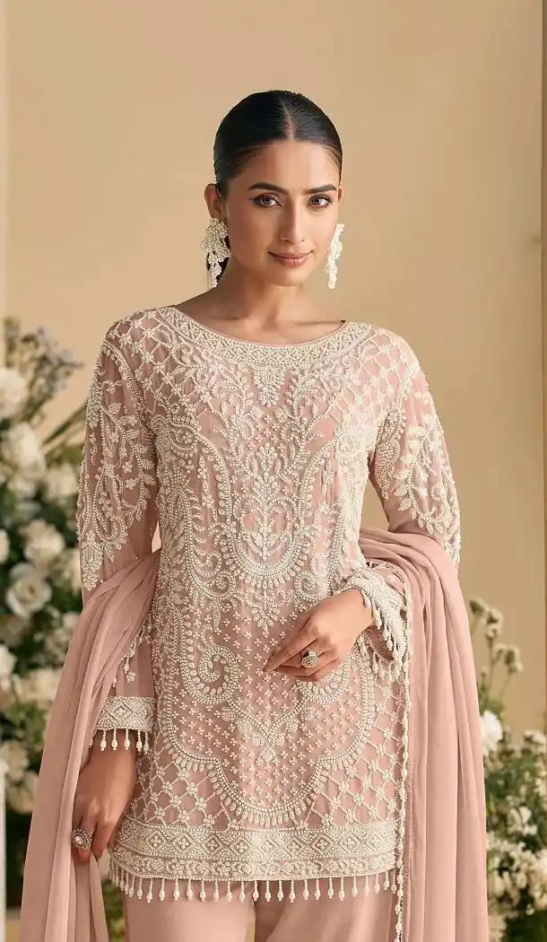 Pink Georgette Pakistani Suit with Embroidery Work - 217242