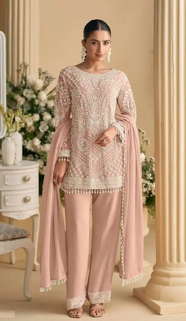 Pink Georgette Pakistani Suit with Embroidery Work - 217242