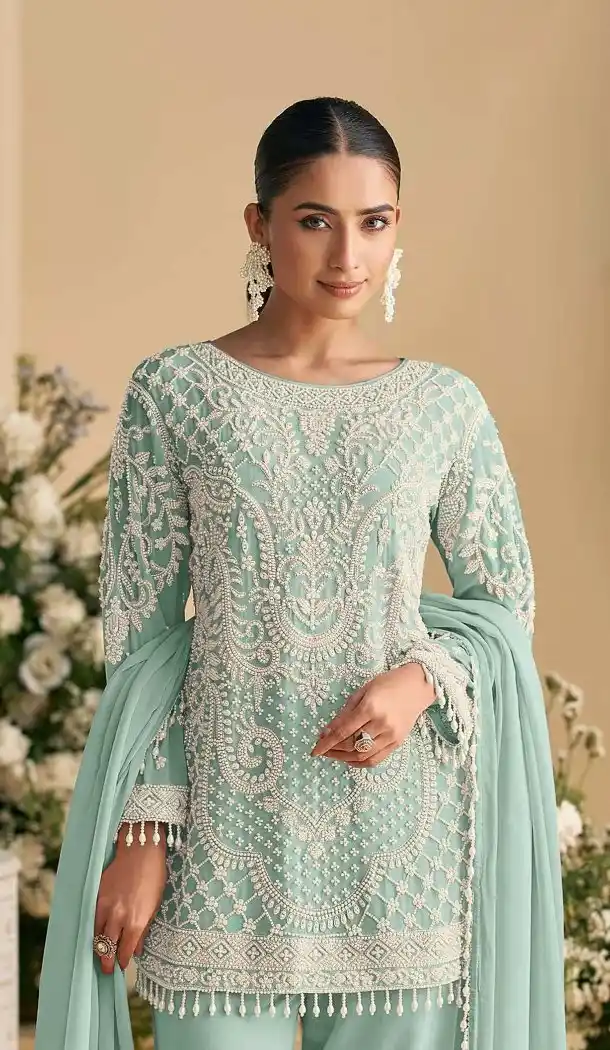 Green Georgette Pakistani Suit with Zari Work - 217243