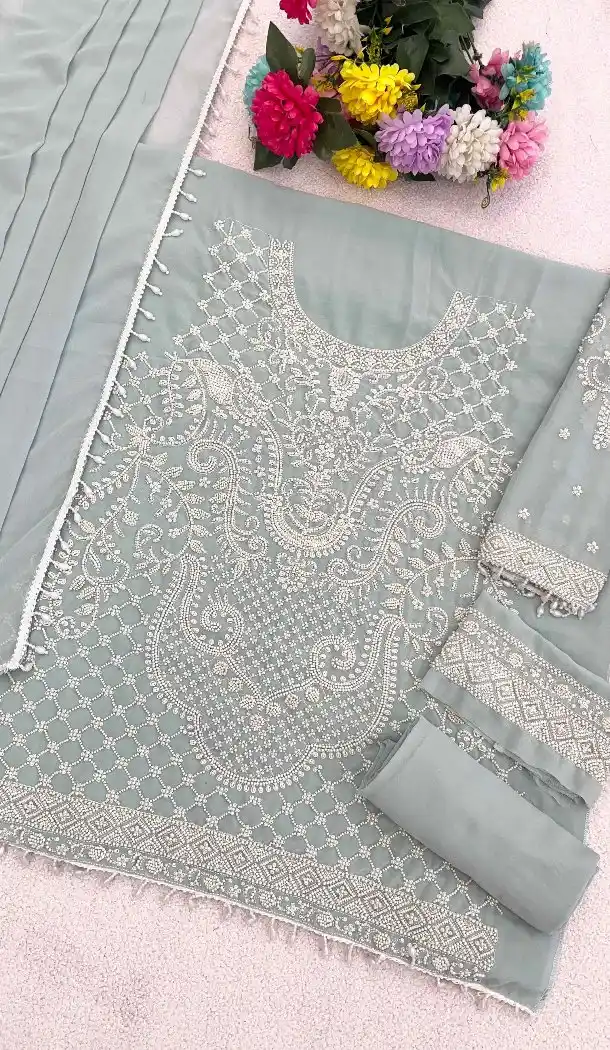 Green Georgette Pakistani Suit with Zari Work - 217243