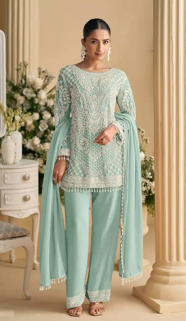 Green Georgette Pakistani Suit with Zari Work - 217243