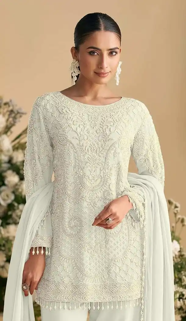 White Georgette Pakistani Suit with Embroidery Work - 217245