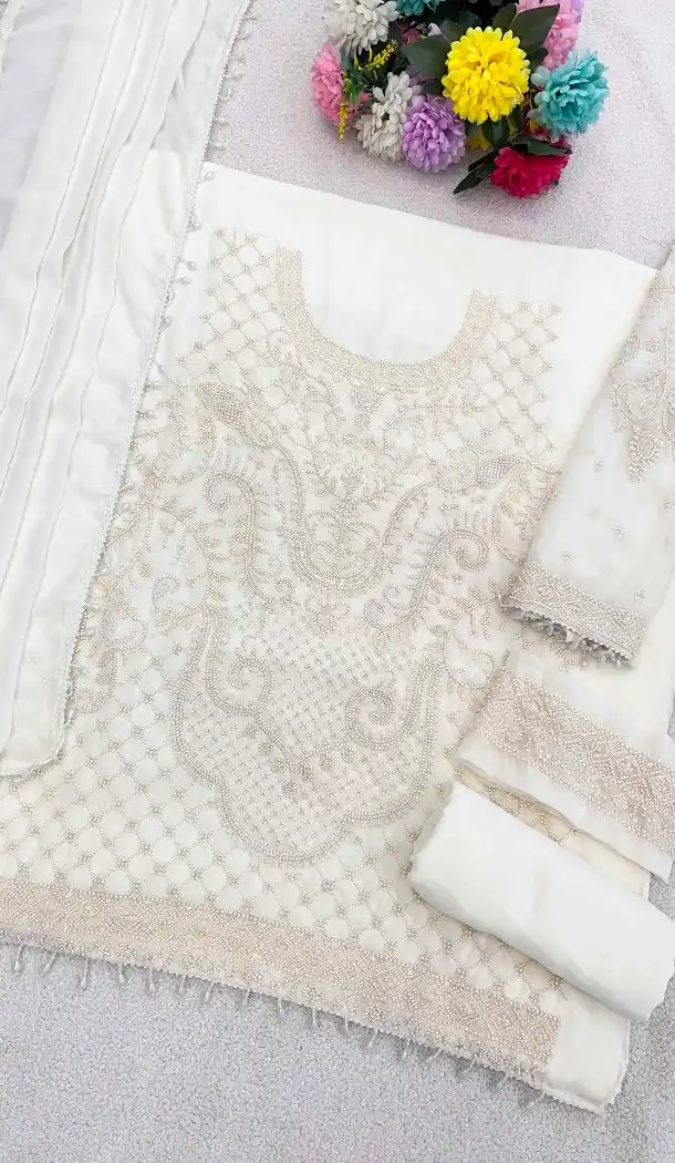 White Georgette Pakistani Suit with Embroidery Work - 217245