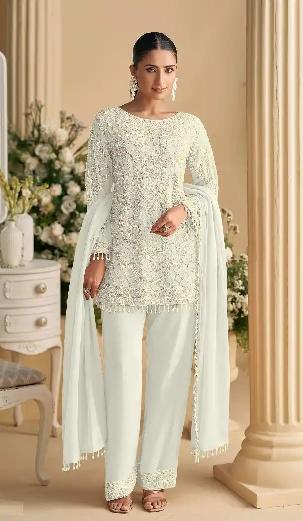 White Georgette Pakistani Suit with Embroidery Work - 217245