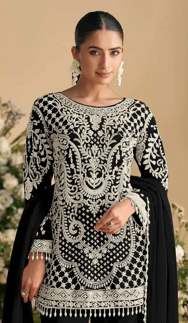 Black Georgette Pakistani Suit with Zari Work - 217246