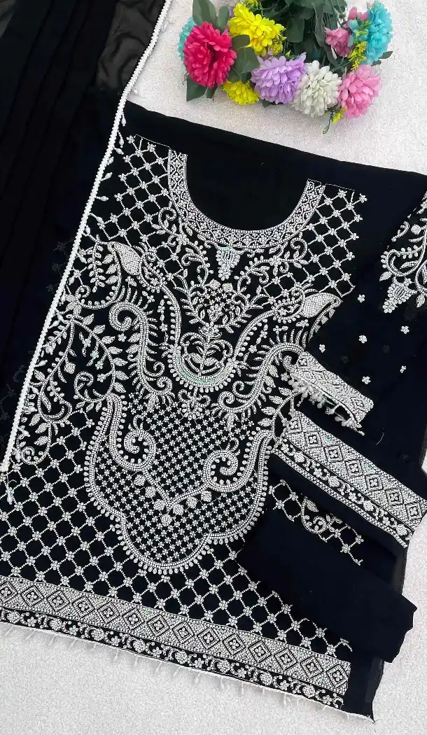 Black Georgette Pakistani Suit with Zari Work - 217246