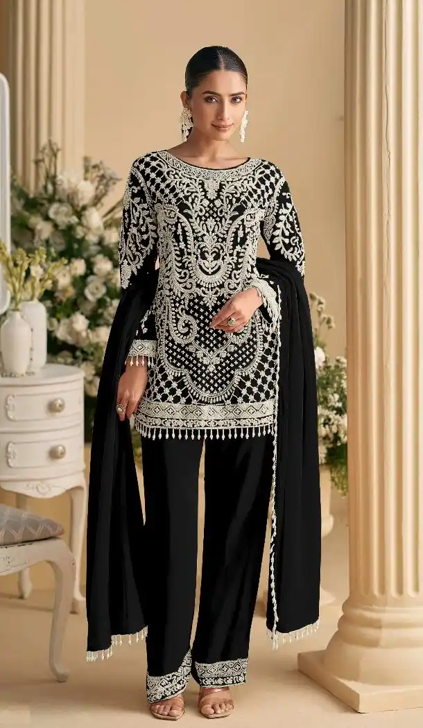 Black Georgette Pakistani Suit with Zari Work - 217246