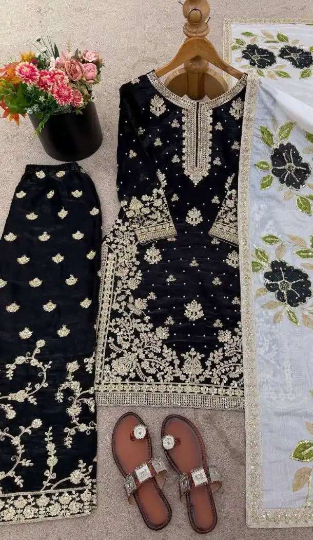 Black Pure Silk Palazzo Suit with Embroidery Work - 217305