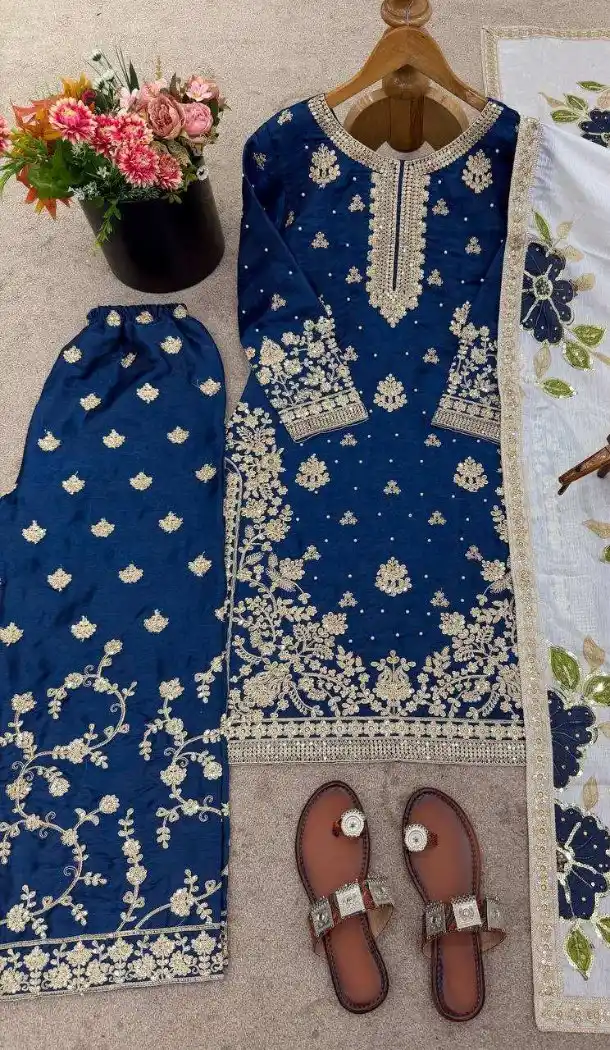 Blue Pure Silk Palazzo Suit with Heavy Sequence Work - 217306