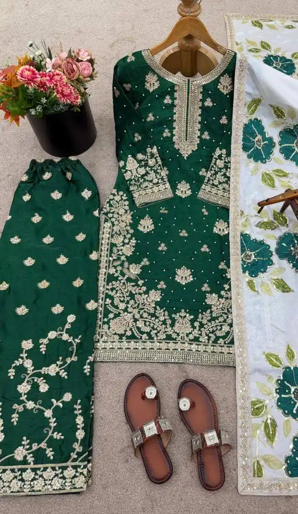 Green Pure Silk Palazzo Suit with Coding Work - 217307