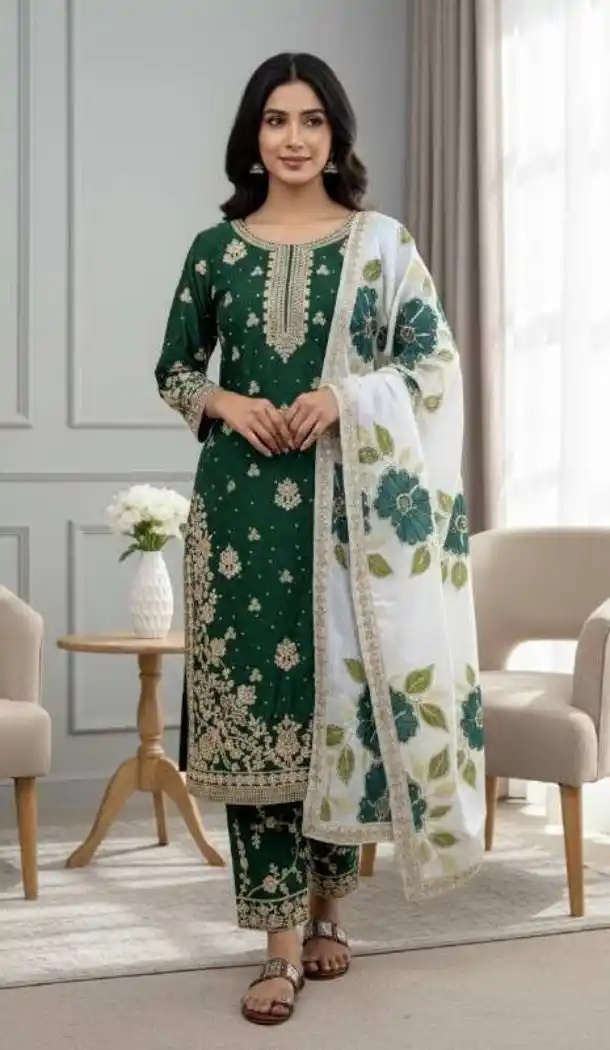 Green Pure Silk Palazzo Suit with Coding Work - 217307