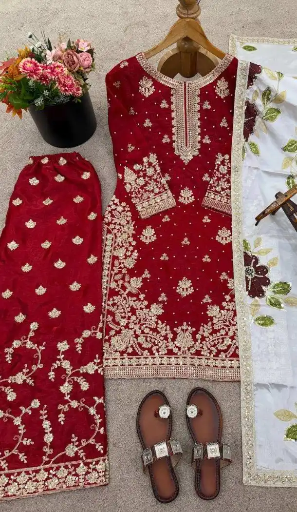 Maroon Pure Silk Palazzo Suit with Heavy Embroidery Work - 217308
