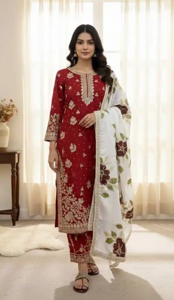 Maroon Pure Silk Palazzo Suit with Heavy Embroidery Work - 217308