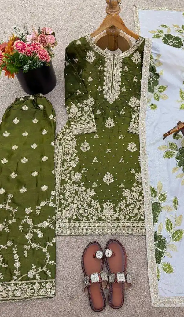 Mehendi Green Pure Silk Palazzo Suit with Sequence Work - 217309