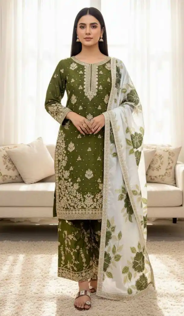 Mehendi Green Pure Silk Palazzo Suit with Sequence Work - 217309