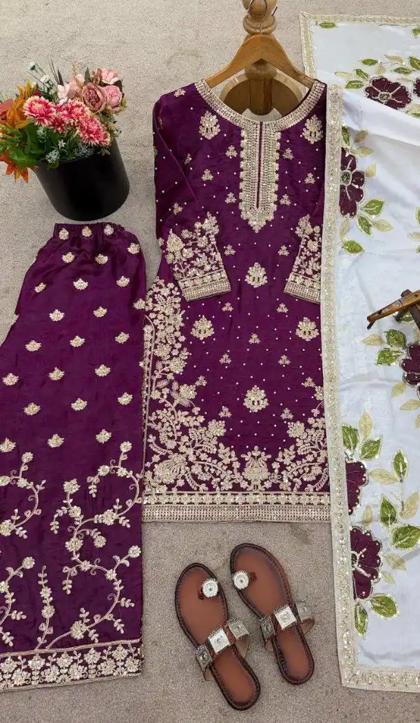 Purple Pure Silk Palazzo Suit with Designer Work - 217310
