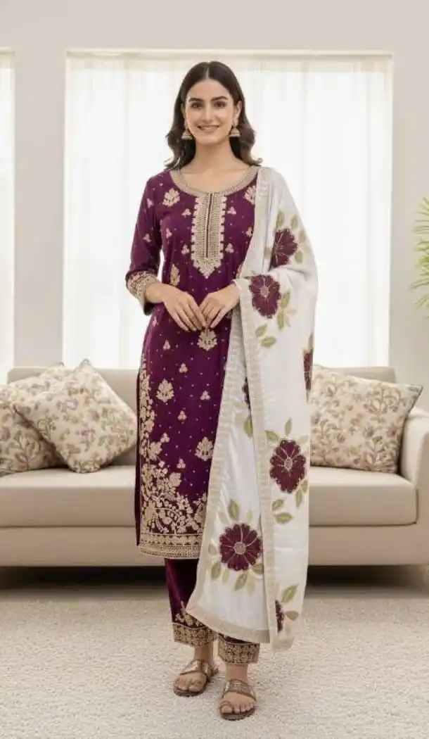 Purple Pure Silk Palazzo Suit with Designer Work - 217310