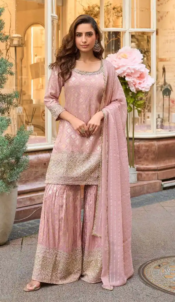 Pink Viscose Sharara Suit with Zari Work - 217324