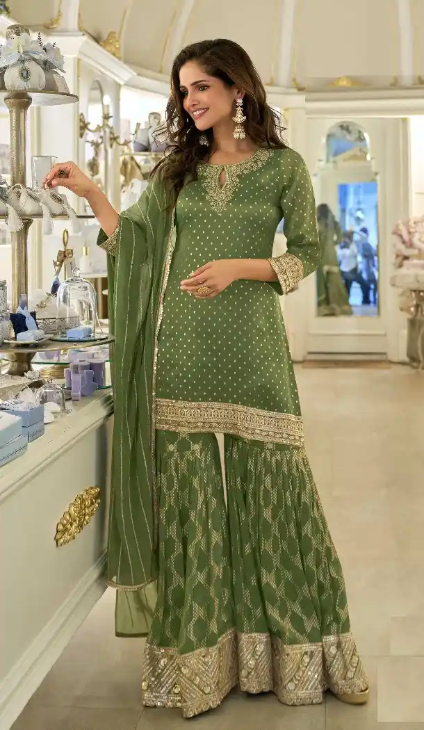 Green Viscose Sharara Suit with Embroidery Work - 217325