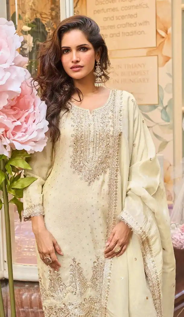 White Viscose Sharara Suit with Sequence Work - 217326