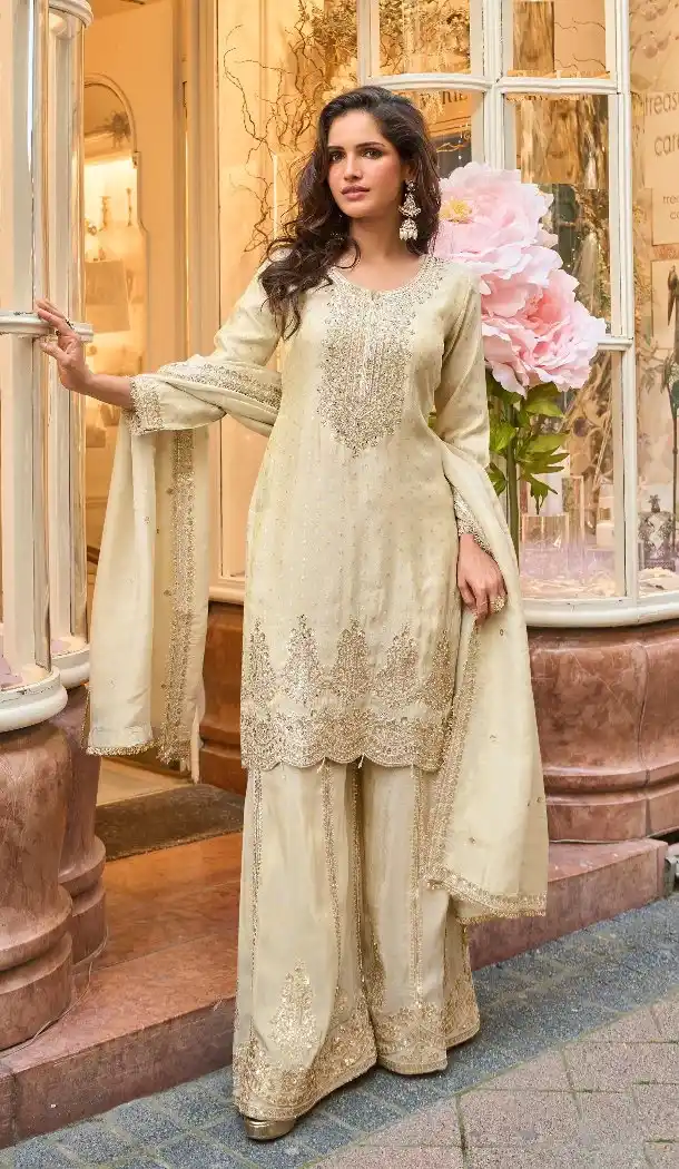 White Viscose Sharara Suit with Sequence Work - 217326