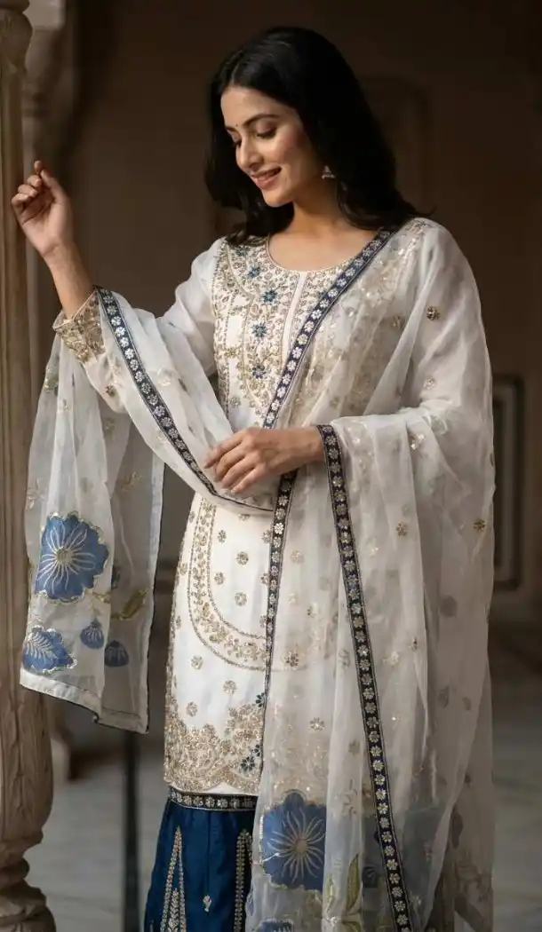 White Silk Palazzo Suit with Heavy Embroidery - 217332