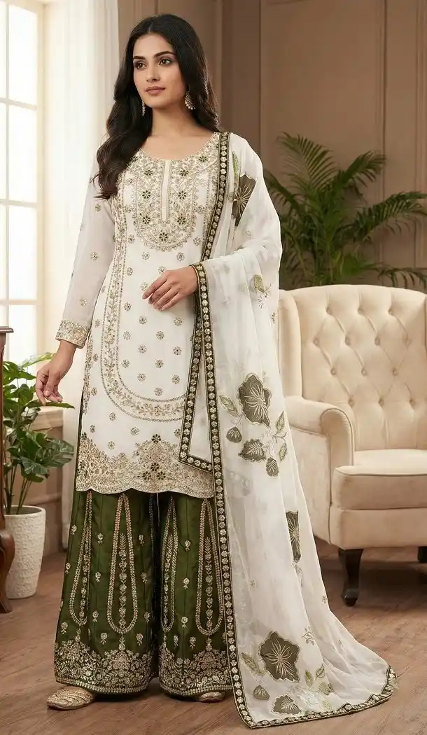 White Silk Palazzo Suit with Elegant Sequence Work - 217333